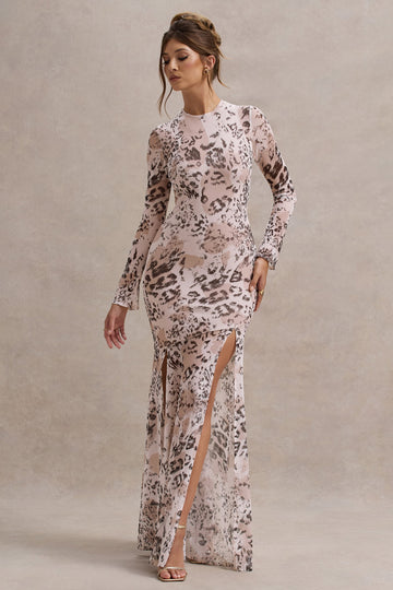 Tigerlily Leopard Print Mesh Long-Sleeve Open-Back Maxi Dress